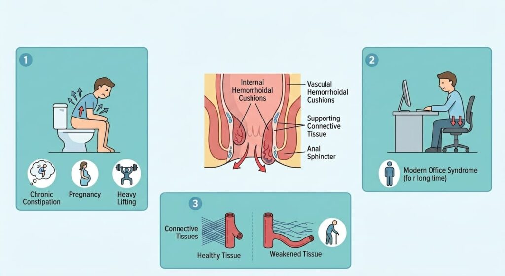 Pathogenesis of haemorrhoids – sliding anal lining theory showing causes like constipation and straining