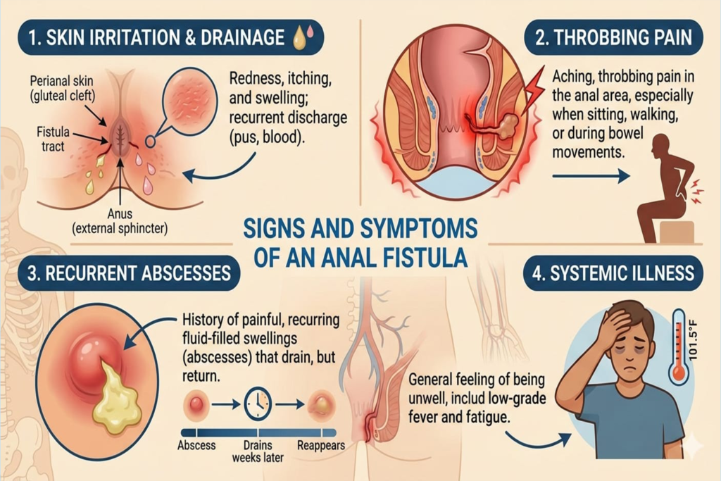Symptoms of anal fistula – persistent discharge, pain and recurrent abscesses explained